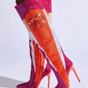 Azalea Y2K Hadley Sporty Knee Pink and Orange Rhinestone Thigh-High Boots